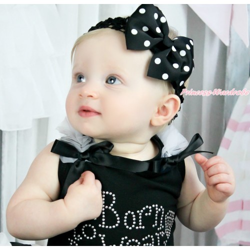 Black Headband with Black White Polka Dots Ribbon Hair Bow Clip H432 